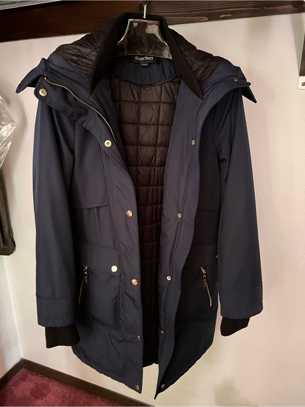 Ellen Tracy Navy Hooded Parka Coat